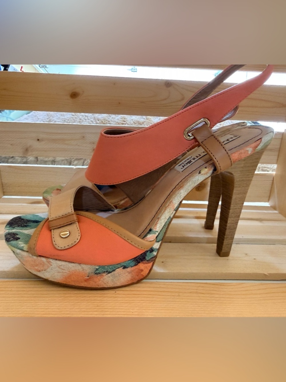 Coral Floral Platform Slingback Heels by
